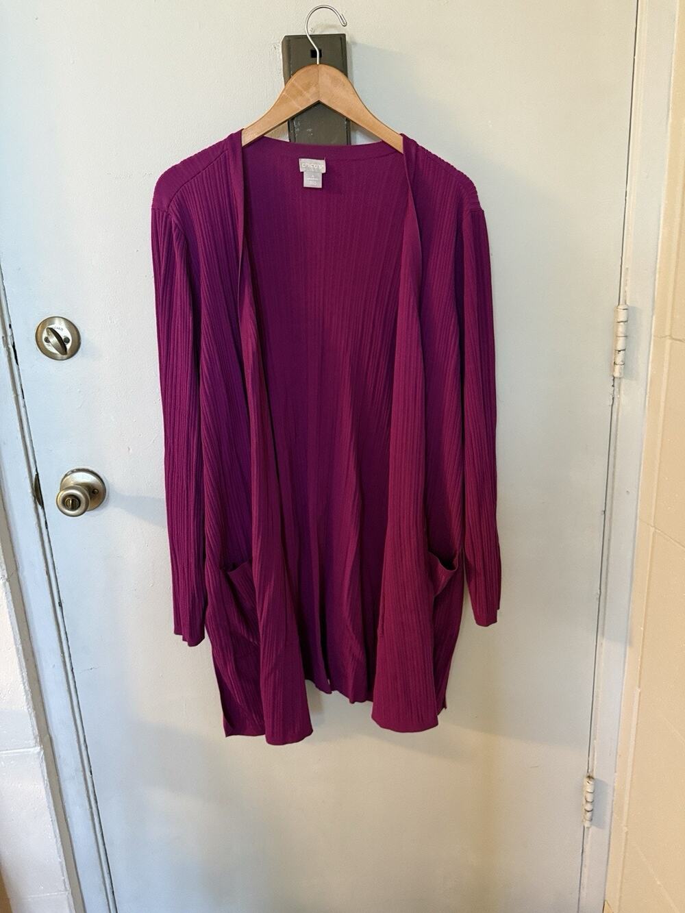 Chico's 4 Magenta Cardigan Sweater Ribbed Button Pockets Long Sleeve Tunic XXL
